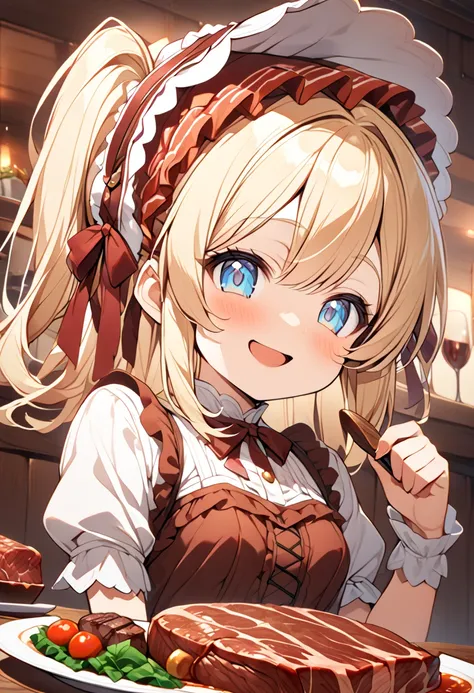 A happy smile,Large serving of beef steaks,large amount of steak,Highest quality,Blonde with blue eyes、Lolita、Small breasts、two-sideup hair,girl&#39;enjoy,smile,bonnet,