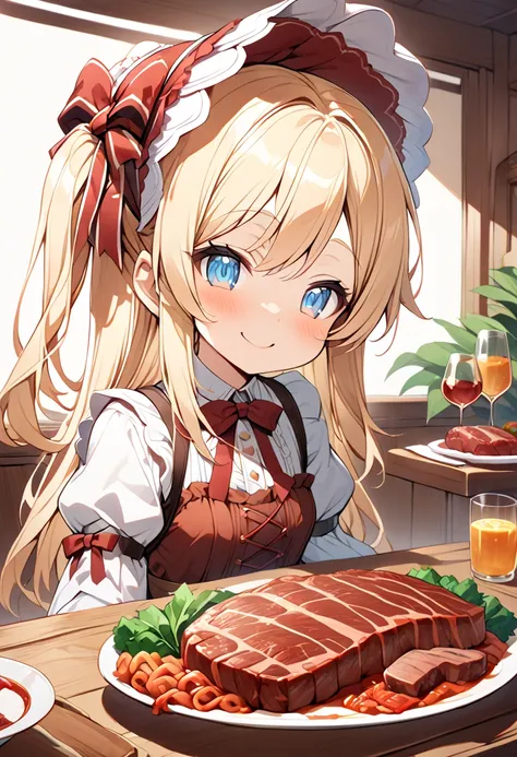 A happy smile,Large serving of beef steaks,large amount of steak,Highest quality,Blonde with blue eyes、Lolita、Small breasts、two-sideup hair,girl&#39;enjoy,smile,bonnet,