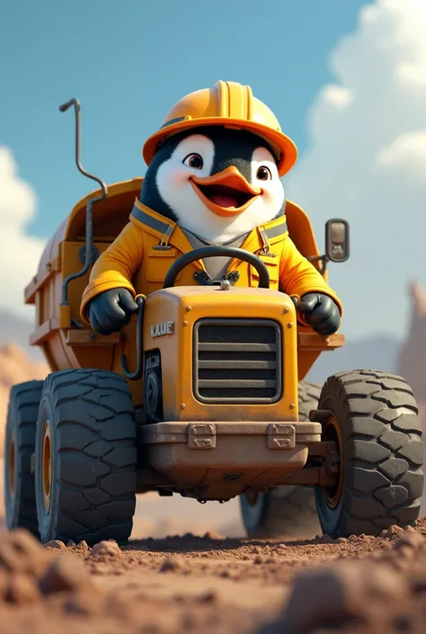 a penguin driving a tractor truck, with a yellow suit and a construction helmet and that you are happy 