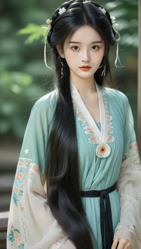 Beautiful girl wearing vintage Han dress, long hair, full black granny, dark eyebrows, big round eyes, famous nose, cute white skin