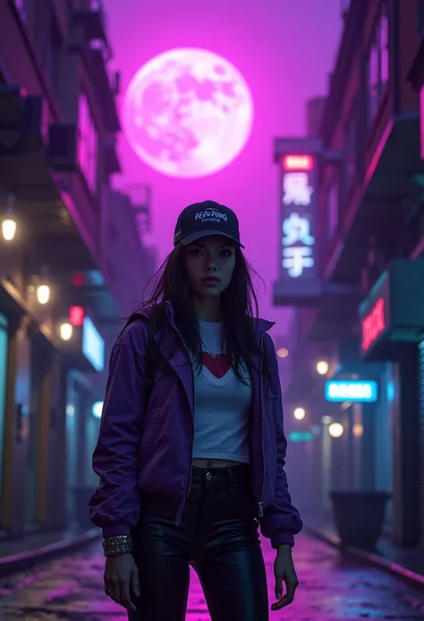 a woman standing in an alley with a purple moon in the background, streetwear graphic design, ready player one, baseball cap, beautiful sci - fi twins, an asian woman, amazing splashscreen artwork, still image from tv series, inspired by Eddie Mendoza, zen...