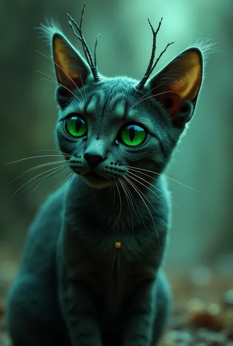 extraterrestrial cat, big eyes, (Martian eyes), Black and deep eyes, Big and black eyes of extraterrestrial  green cat, Antenistas in the head, 