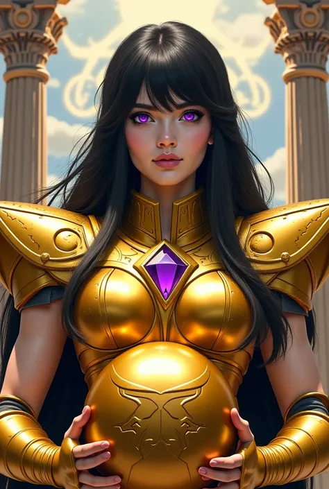 Very beautiful woman,  perfect face , Very Atlético 30 years old ,  evil expression , white skin long and smooth black hair .  dressed in the golden armor of Geminis de Saint Seiya .  Holding a large square helmet with two faces engraved on the sides smili...