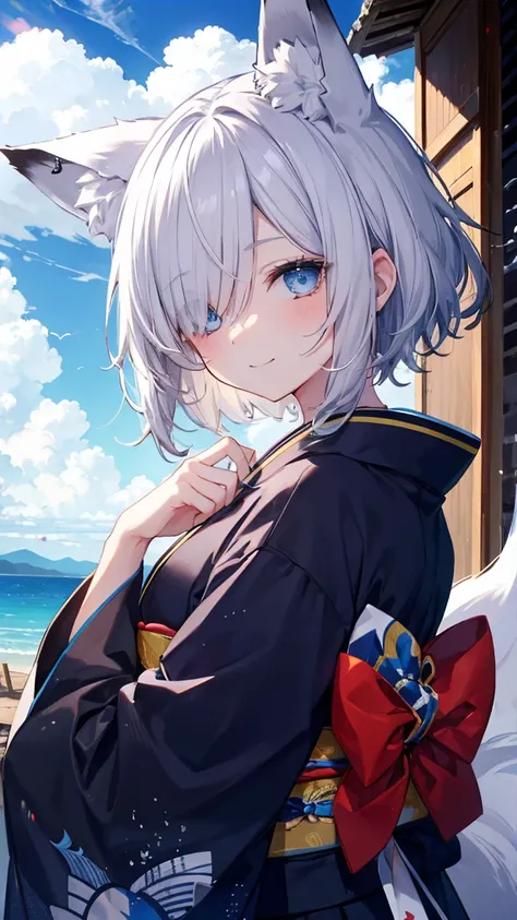  Gray Hair、 dark illuminated 、hair over one eye、summer、sea、Ruins、 low angle、Cumulonimbus、 slender、  cute pose、smile、  Cool Personality、  boyish、July、  kimono、 Fox Ears、fox tail、 high school girl、、masterpiece、masterpiece、 blue eyes、 wallpaper、 standby 