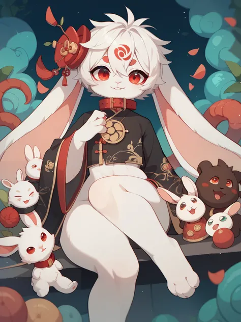 Lop-eared rabbit boy，furry boy， toddlers，Long ears，Droopy ears， white hair ， white skin ，Intang Red Dot ，Red collar，Lunar New Year costumes