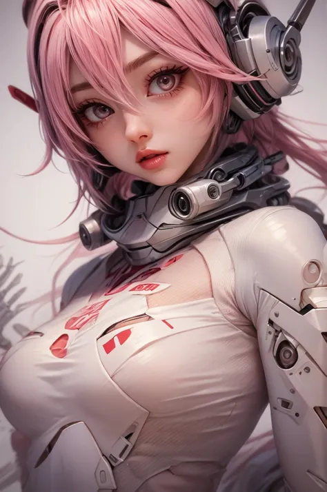 A beautiful semirobotic woman,  Semihuman
 Wearing a white suit  , Pose sexy slim figure  ,   thin ,Senos grandes,  pink hair
 , Ojos rojos, 