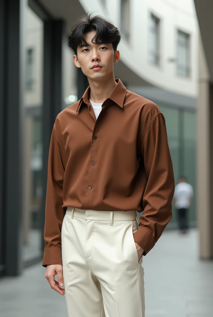 A man wearing a '90s stiletto brown shirt, white trousers, Korean man