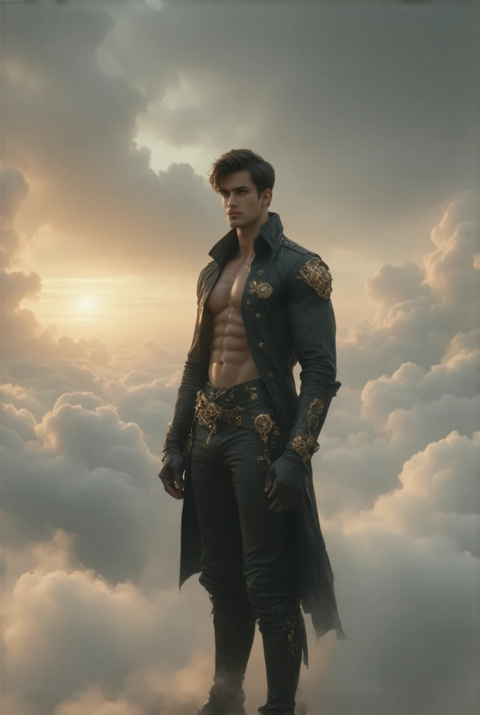 (masterpiece, best quality, realistic, ultra high detailed, UHD, view from a distance), High above the clouds in a massive brass and copper airship, a tall, muscular young navigator stands at the helm, gazing out over the horizon through large, glass windo...