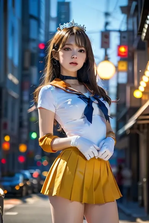 masterpiece,  top quality,  high resolution, ,   sailor warrior uniform,  orange skirt ,  elbow gloves ,  tiara ,  pleated skirt,  miniskirt,  red ribbon with hands on chest,   orange choker ,  white gloves,   jewelry, city,   knight , moon, cowboy shot,  ...