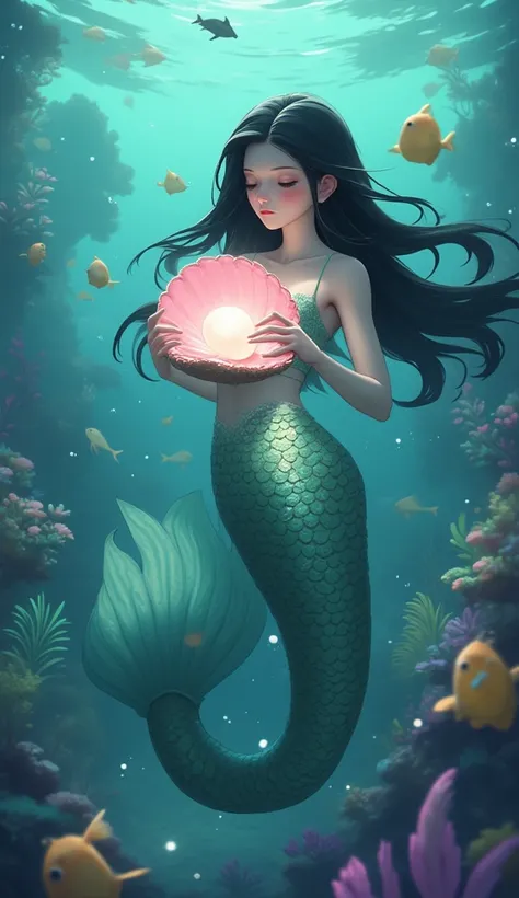 A Chinese mermaid underwater in an enchanting ocean scene filled with colorful coral reefs and various fish swimming around. She has straight, long black hair flowing gracefully in the water and wears shimmering greenish-blue scales that reflect the light....