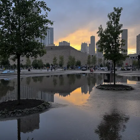  Street corner early in the morning after the rain  、  puddles reflect the cityscape like a mirror、 skyscrapers,  sunrises , and rainbows ,  reflected on the water surface  