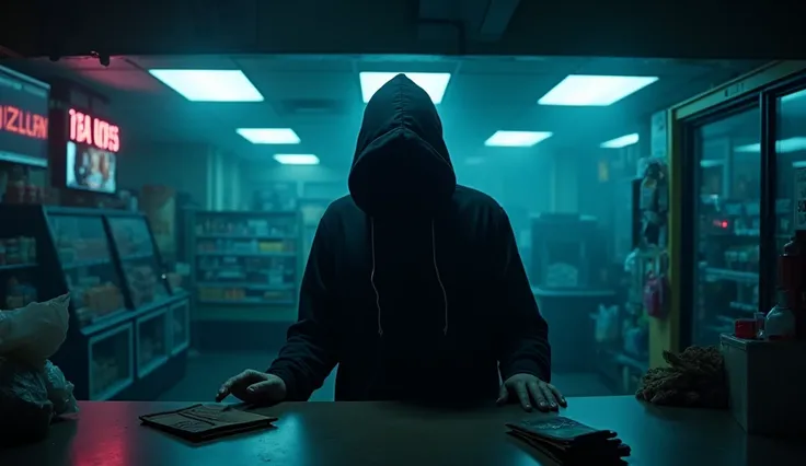 "For Youtube Thumbnail. A dimly lit convenience store at night, seen from behind the counter. A tall, hooded figure stands at the counter, their face completely dark/void under the hood. Blue-tinted lighting creates an eerie atmosphere. The figure's hands ...