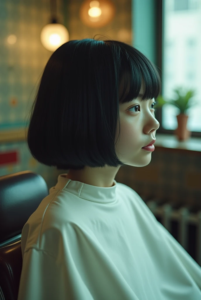  one girl,  black hair, bangs,  Bob Haircut ,  I'm wearing a white poncho for a haircut ,  sitting on a barber chair with her back stretched out,  inside an old Showa retro barber shop , Mental Silence , Transcendent Silence,  absurd,anxiety、regret、  high ...