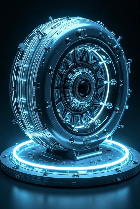 Une roue futuriste avec un noyau central lumineux et énergétique, entouré d'une matière électro-idéologique dynamique et adaptable. La roue doit avoir une surface externe fluide et métallique, capable de changer de forme pour surmonter les obstacles. Ajout...