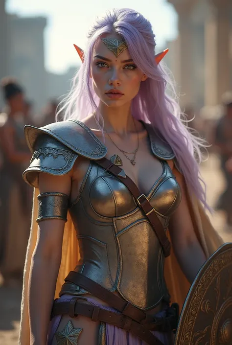 Upper body shot, female, pointed elf ears, white skin, light purple hair, closed mouth, ancient greek hoplite armor, combat pose, dynamic pose, complex fantasy character, NSFW, cinematic lighting, fantasy, magic, detailed background, in ancient greek city,...