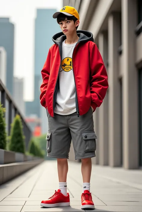  with the hat upside down , Baseball cap,  hat for men in their early teens is gray ,  medium yellow of the hat, Oriental, The color of the , red coat,  white shirt , Grey shorts ,  Red Shoes 