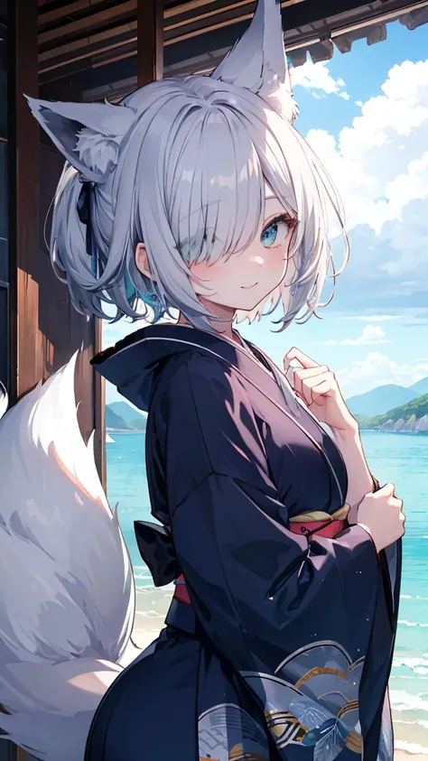  Gray Hair、 dark illuminated 、hair over one eye、summer、sea、Ruins、 low angle、Cumulonimbus、 slender、  cute pose、smile、  Cool Personality、  boyish、July、  kimono、 Fox Ears、fox tail、 high school girl、、masterpiece、masterpiece、 pale blue-green eyes、 wallpaper、 st...