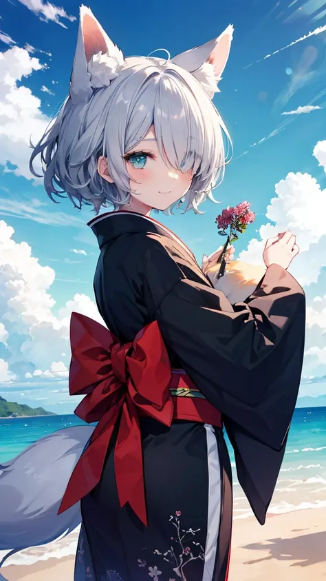  Gray Hair、 dark illuminated 、hair over one eye、summer、sea、Ruins、 low angle、Cumulonimbus、 slender、  cute pose、smile、  Cool Personality、  boyish、July、  kimono、 Fox Ears、fox tail、 high school girl、、masterpiece、masterpiece、 pale blue-green eyes、 wallpaper、 st...