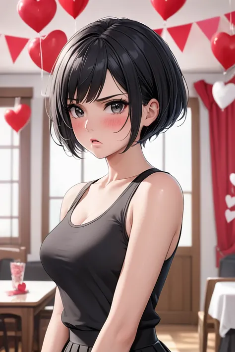 (masterpiece, best quality, 8k, high definition), whole body, 1 woman, black pixie cut, mid-chest, dark grey eyes, soft lips, beautiful face, wearing a black tanktop and tight black skirt, natural light, detailed background, Detailed Illustration Art, tsun...