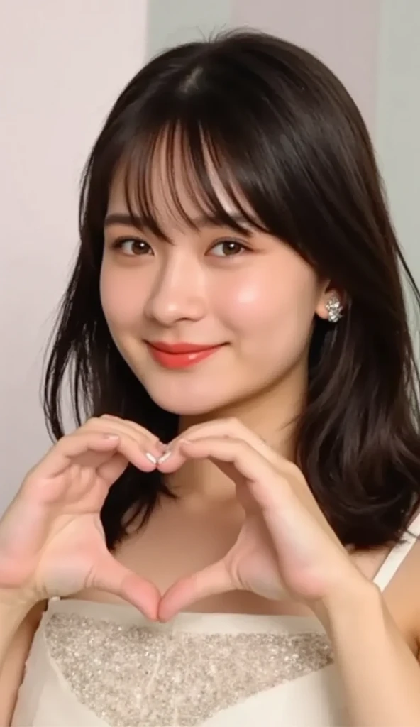  Super Fine、An upshot of her face、She has a smile showing her teeth, wears a camisole, and poses with her hands in the shape of a heart in front of her chest、The background is plain、  high definition、細部にわたって high definition