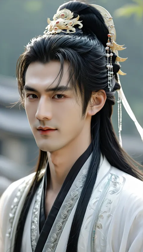 A handsome young man wears an ancient Chinese dress, Han, long hair, handsome face, dark eyebrows, prominent nose, white skin, wearing a layered silk black cloak, high definition, logo, honored many times , of the best quality, Details, โมเดล high defi...