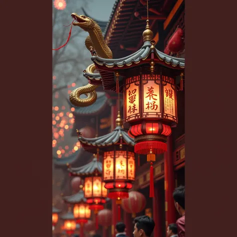 "A vibrant and festive Chinese New Year celebration marking the Year of the Snake in a traditional Chinese street, adorned with glowing red lanterns, intricate golden snake decorations, and bright fireworks illuminating the night sky. A majestic, golden se...