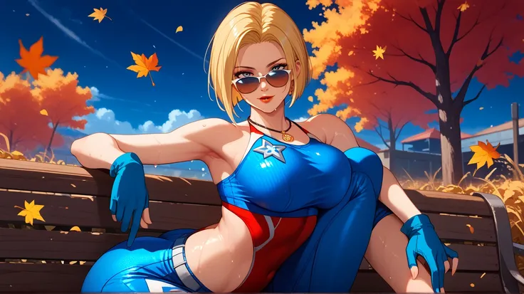 Sexy blue mary , UHD,  short hair,  blond hair,  blue eyes, Red lips,  big breasts, gold necklace,  meadow wearing tight red and dark blue clothing,  Gloves,  in a wasteland,  at night,  sitting on a bench , sweating,  sexy pose,  sunglasses in her hair,  ...