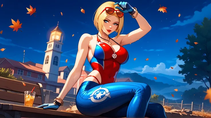 Sexy blue mary , UHD,  short hair,  blond hair,  blue eyes, Red lips,  big breasts, gold necklace,  meadow wearing tight red and dark blue clothing,  Gloves,  in a wasteland,  at night,  sitting on a bench , sweating,  sexy pose,  sunglasses in her hair,  ...