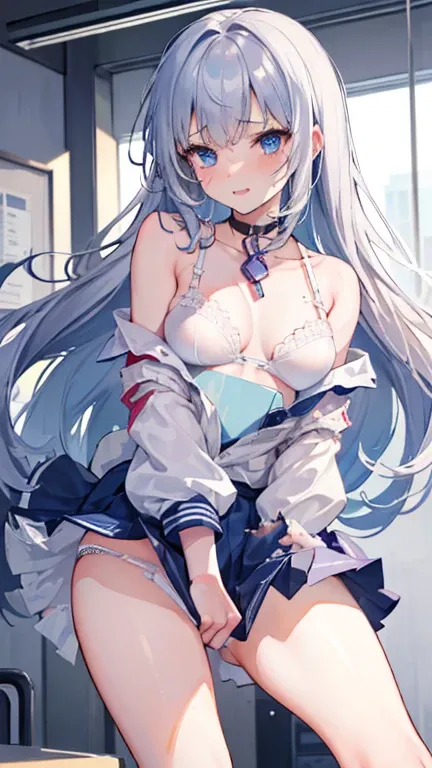 (8k,  top quality, masterpiece:1.2),(blue eyes),((Clothing Details)),High quality CG Unity 8k, High Concentration ,  is present, shadow,  soft writing, cowboy shot,  gray hair ,  Flutter Hair , Nice,  kind smile, Village Girl,  high waisted skirt,   white ...