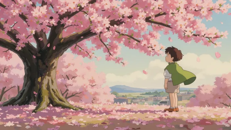   A young boy with dark brown hair and a green cape is big , , Admiring the flowers .   There are heavy soft pink flowers blooming on the branches of the tree.,   The ground is covered with fallen petals ..  there is a soft, bright light ,  shines a warm l...