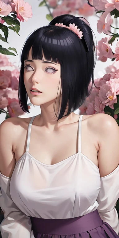 masterpiece, absurdres, hinata\(boruto\), 1girl, solo,mature female, spaghetti strap top, high waist mini skirt, looking at viewer, (falling petals), perfect composition, detailed lips, big breast, beautiful face, body propotion, blush, (pink lips), ponyta...