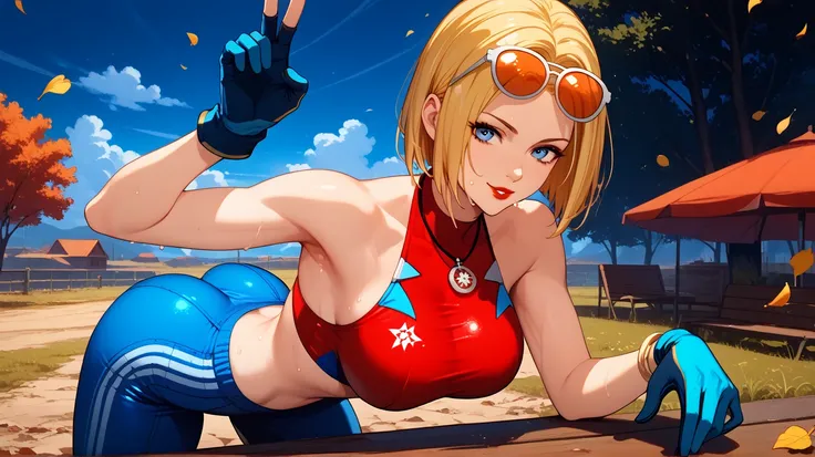 Sexy blue mary , UHD,  short hair,  blond hair,  blue eyes, Red lips,  big breasts, gold necklace,  meadow wearing tight red and dark blue clothing,  Gloves,  in a wasteland,  at night,  sitting on a bench , sweating,  sexy pose,  sunglasses in her hair,  ...