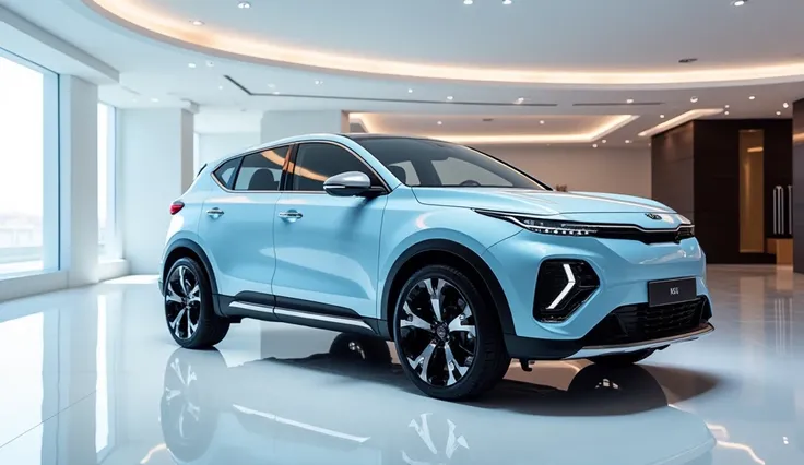 A luxurious(2025 Kia Sportage Hybrid )with a sleek futuristic design, shown from the full  right side , in a modern, elegant showroom. The environment is brightly illuminated with white ambient lighting, polished floors, and refined interior décor. Replace...