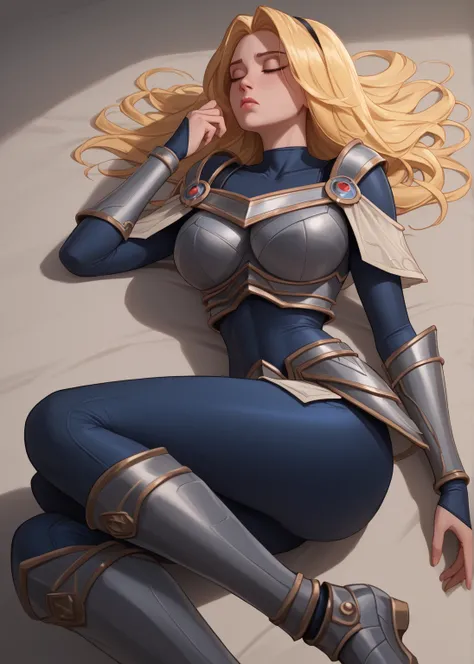 score_9, score_8_up, score_7_up, score_6_up, score_5_up, score_4_up, LuxLoLXL, blue eyes, blonde hair, long hair, black hairband, big breasts, collarbone, shoulder armor, armor, blue bodysuit, breastplate, long sleeves, faulds, skirt, blue pants, armored b...