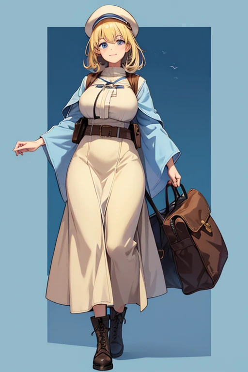  anime picture for TRPG、 full body portrait、Background blank、Curvy woman about 28 years old, about 165 cm tall, wearing a light blue poncho, long brown skirt, and hat, looking up at the sky、 boots、 smiling with her mouth closed 、 blue eyes、The hairstyle is...