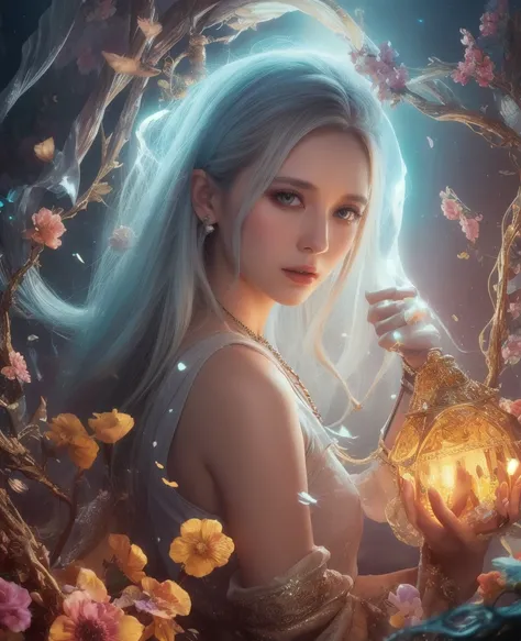 For video creation、Goddess with iridescent and milky shine; Broken glass effect with voluminous light and aura; background of insane depth, molecule texture; Inspired by flower petals and fantastic nature; Breathtaking beauty and pure perfection, unforgett...