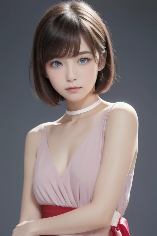 Masterpiece, best quality , high resolution,short hair, blue eyes, 1 girl, Alone, Blue Ribbon, eyelash , neck ribbon, Sleeveless, bangs, clavicle, Bare arms, Pink Dress , Red coat, white background, Front , No view, are staring at the viewer, upper body, f...