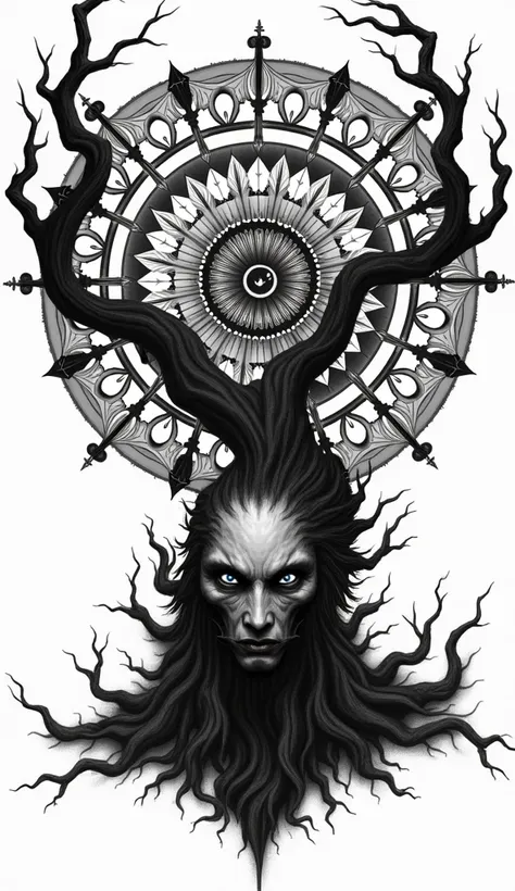  Endless mandala , realistic helleye. In black and white,   tattoo sketch.