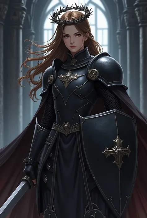  Create a paladin with black mesh quota, shield, long sword,  brown hair,  honey-colored eyes,  white skin,  crown of thorns,  anime style,  dark environment.