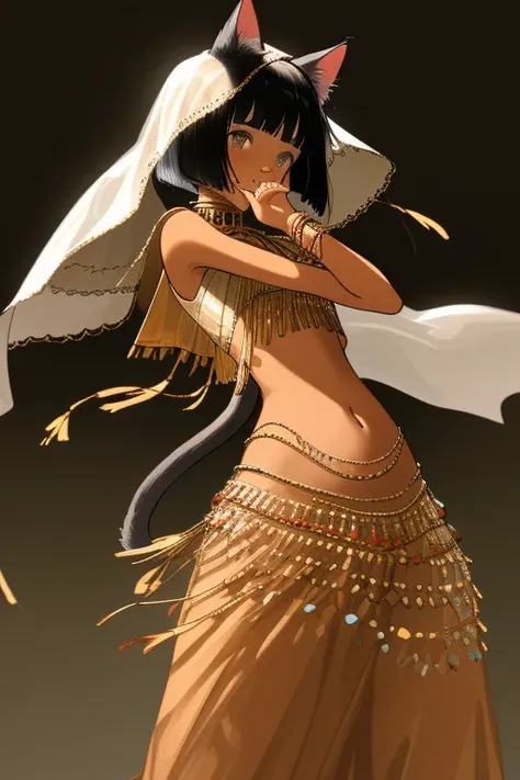  top quality,   super high resolution, illustration style, (( cute middle school girl)),( small tits),Cat ears、Cat tail、 bob cut black hair, grey eyes, brown skin, belly dance costume , hides his face with a veil