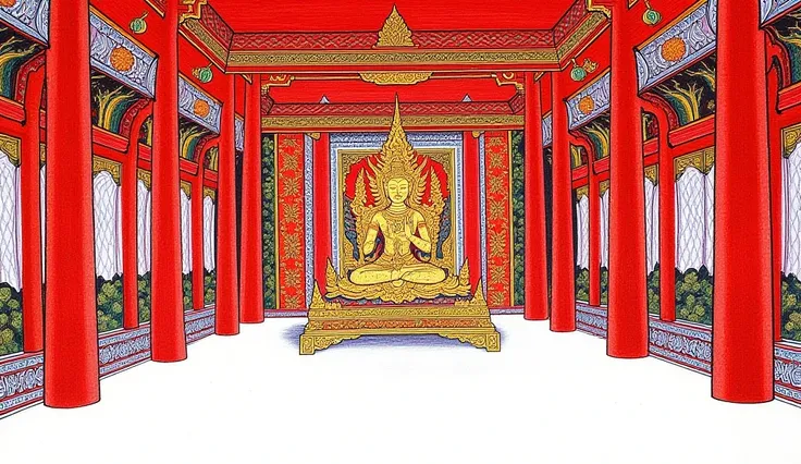 arafed room with a red ceiling and a white floor, throne room, inside a palace, royal palace interior, exquisitely designed throne room, background depicting a temple, buddhist architecture, decadent throne room, rustic throne room, colorful architectural ...