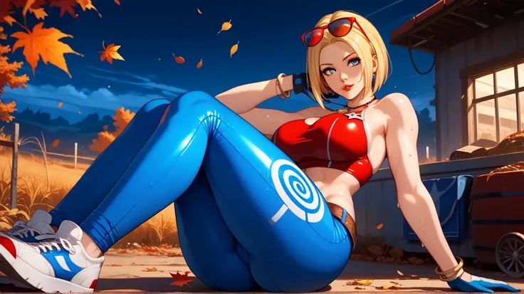 Sexy blue mary , UHD,  short hair,  blond hair,  blue eyes, Red lips,  big breasts, gold necklace,  meadow wearing tight red and dark blue clothing,  Gloves,  in a wasteland,  at night,  sitting on a bench , sweating,  sexy pose,  sunglasses in her hair,  ...