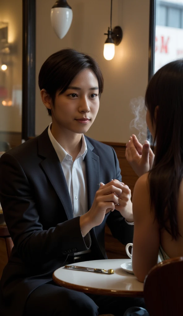 A realistic photo of a Japanese man with androgynous features, wearing a sharp business suit, sitting across from a woman at a dimly lit café. Their hands are close but not touching, both looking at each other with anticipation and uncertainty. The intimat...