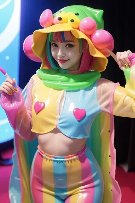 Female idol body covered in slime Sbian、、Slime-covered clown fashion、Clown hat、 full-body lesbians、 colorful hair