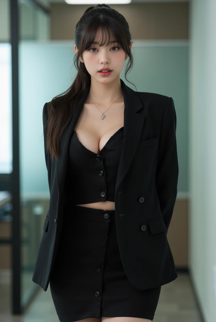 ultra detailed,absolutely resolution,detailed beautiful face and eyes,hyperrealistic,raw photo,Japanese beautiful Young woman,25 yo,ponytail,embarrassed Smile,be in heat,gleaming tan skin,black Business suit,pencil skirt,black tights,natural large breasts,...