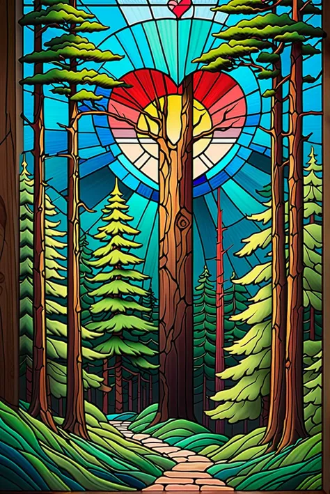 Stained glass style, pine trees, beautiful, Japanese spirit, heart-stopping