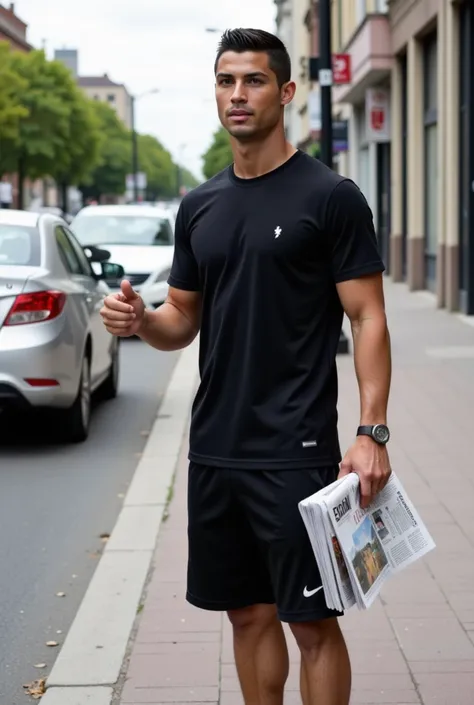 A Cristiano Ronaldo with short black hair, wearing a plain black T-shirt and knee-length shorts, is selling newspapers on the side of a busy street. He stands near the curb, holding a stack of newspapers in one hand while offering them to passing vehicles ...