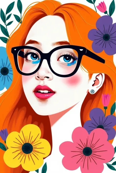 Vibrant semi-abstract portrait of a young woman surrounded by large, colorful flowers. Her face featured smooth, exaggerated lines and soft gradients, with very bold makeup—pink lips, and bright blue eyes with thick lashes. Her flowers, in shades of yellow...