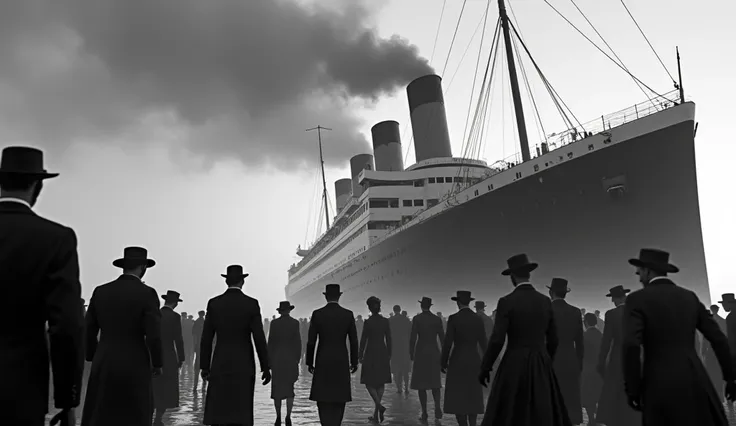 The Titanic setting sail in black and white, with passengers boarding in formal period clothing, as steam rises from the ship's stacks."