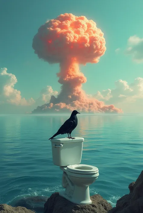  There is a toilet above the ocean, and above that toilet there is a black dove.Behind it is a nuke exploding 